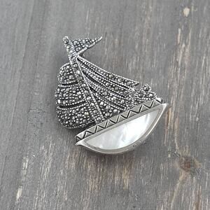 Vintage Sailboat Brooch 925 Sterling Silver Marcasite Abalone Shell 11g Nautical